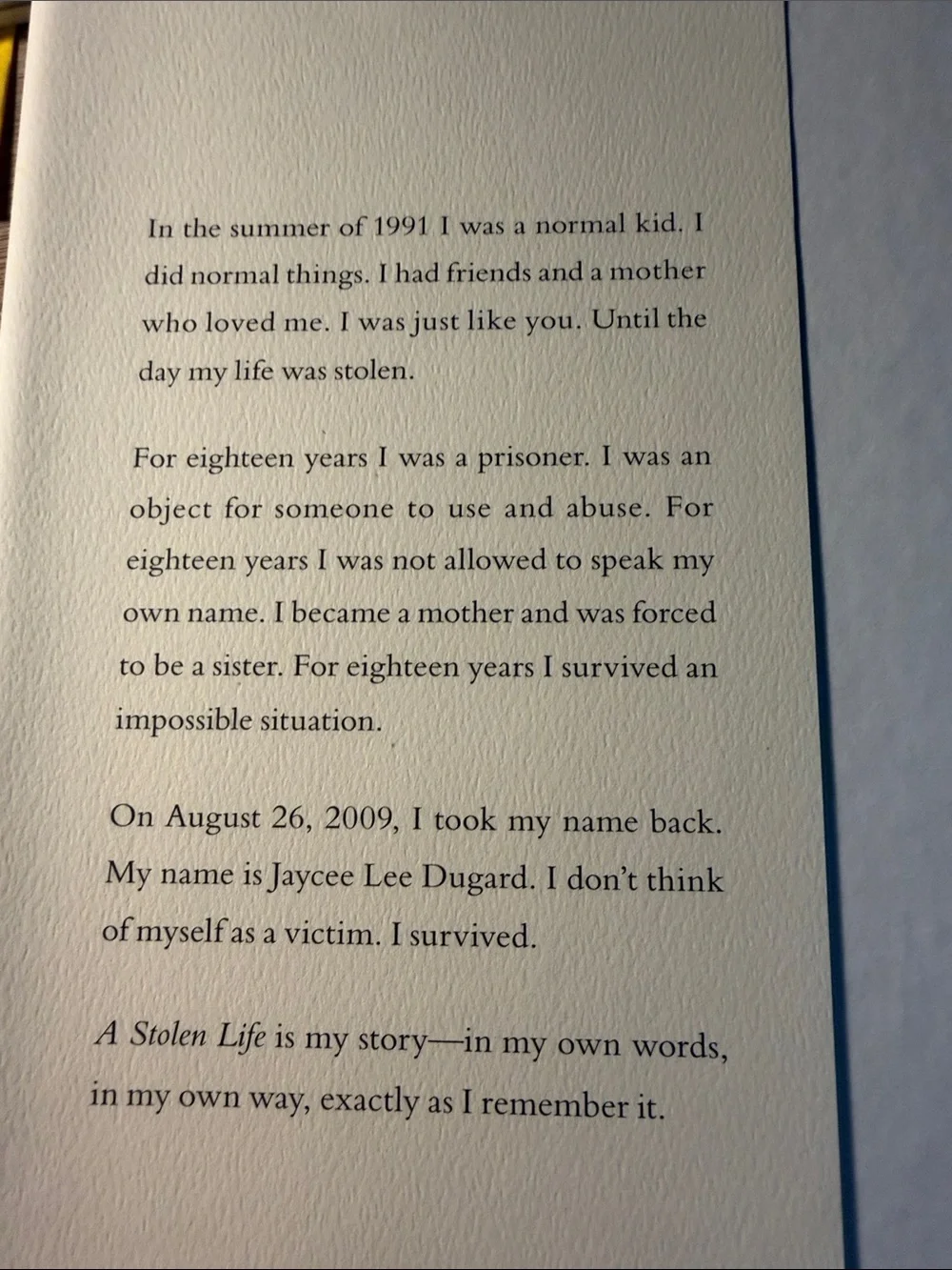 A Stolen Life Hardcover Memoir - White Decorative Coffee Table Book